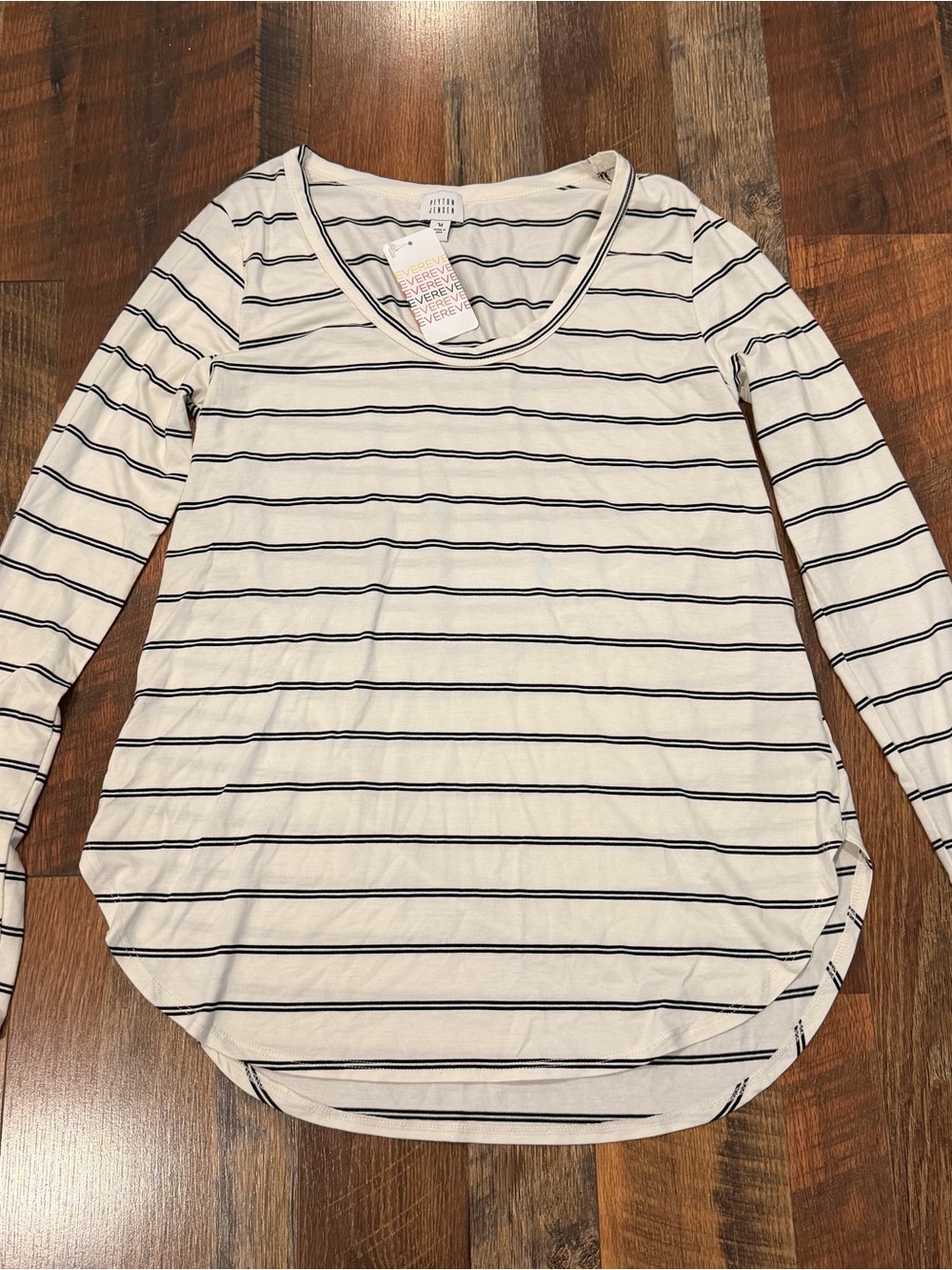Peyton Jensen White and Black Striped Scoop Neck Long Sleeve Top